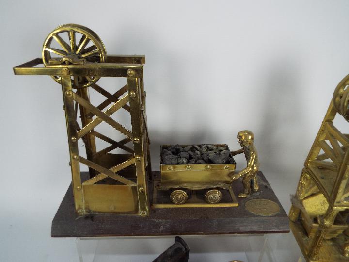 Metalware to include a wood and brass model of a miner with cart at a pit head, - Image 2 of 5