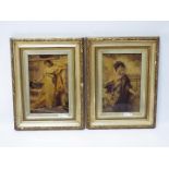 A set of two framed crystoleum pictures depicting ladies in classical dress,