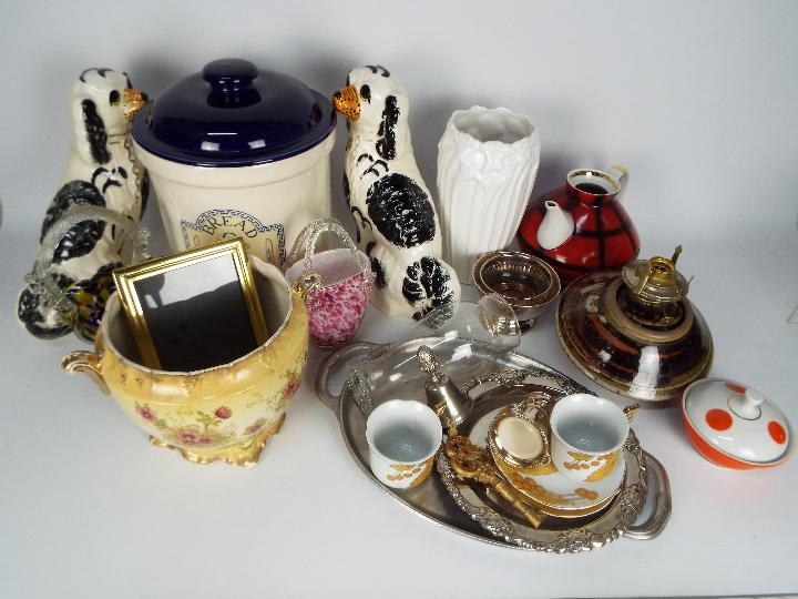 A mixed lot to include ceramics, glassware, plated ware, oil lamp and similar, two boxes.