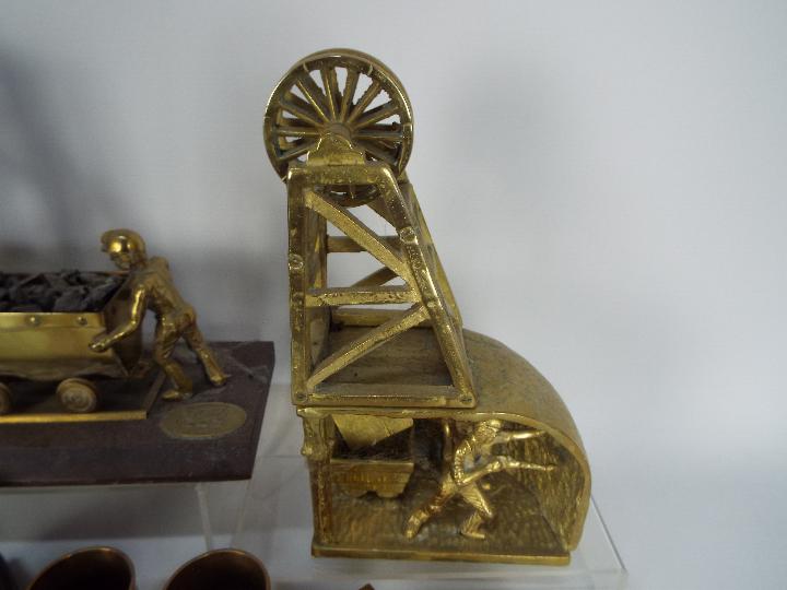 Metalware to include a wood and brass model of a miner with cart at a pit head, - Image 3 of 5