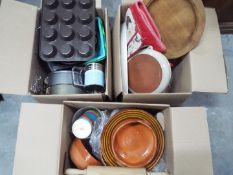 Lot to include terracotta kitchen wares and other kitchenalia, three boxes.