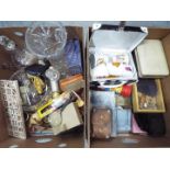 Lot to include mixed collectables, glassware, vintage dominoes, ceramics and similar, two boxes.