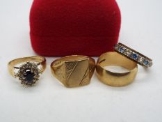 Gold Rings - 9ct gold wedding band, size K, 9ct gold signet ring, size P, 9ct gold cluster ring,