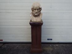A ceramic bust of Homer on a stone effect plinth, approximately 137 cm (h).