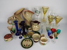Lot to include coloured glassware and ceramics including motto ware.