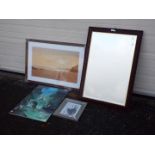 A wood framed bevel edge wall mirror, approximately 100 cm x 66 cm and three prints of varying size.