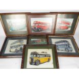 A collection of framed prints of transportation interest, trolleybus, buses and coaches,