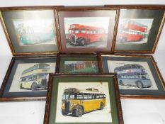 A collection of framed prints of transportation interest, trolleybus, buses and coaches,