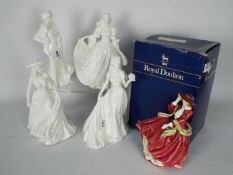 Four Royal Worcester blanks, all lady figurines and a boxed Royal Doulton Top o' The Hill figurine.