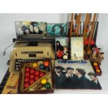 Lot to include vintage Remington typewriter, croquet set, small scale snooker balls,