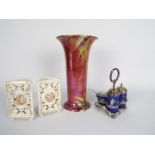 Lot to include a pair of Victoria Carlsbad reticulated vases of triangular section decorated with