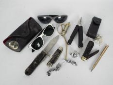 Lot comprising knives including a Joseph Rodgers survival knife, a J Hudson Metropolitan whistle,