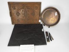 A mixed lot of collectables to include an antique serving tray with carved decoration,