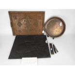 A mixed lot of collectables to include an antique serving tray with carved decoration,
