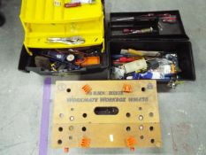 Two tool boxes containing a quantity of hand tools and a Black & Decker Workmate Workbox.