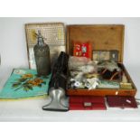 A sewing box with contents, vintage linen, Hoover Dustette and similar.