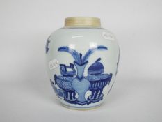 A Chinese blue and white bogu pattern ginger jar, vacant double circle mark to the base,