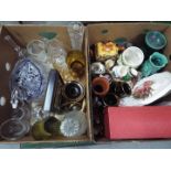 A mixed lot comprising ceramics to include character / toby jugs, celery jars, glassware,