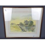 A watercolour and ink landscape scene depicting a couple fishing beside a stream,