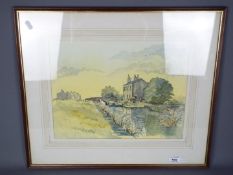 A watercolour and ink landscape scene depicting a couple fishing beside a stream,