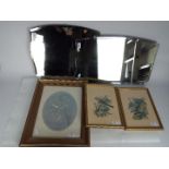Two bevel edge wall mirrors and three framed prints of ornithological interest.