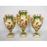 A garniture of three Vienna style vases decorated with panels of landscape scenes highlighted with