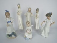 Six Spanish porcelain figurines comprising Lladro, Nao and similar, largest approximately 24 cm (h).