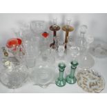 Mixed glassware to include decanters, bowls, knife rests, candlesticks and similar.