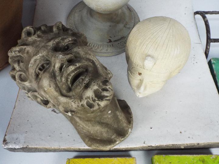 Garden ornaments to include reconstituted stone wall masks, large part glazed pot and similar. - Image 4 of 5