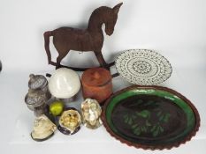 A mixed lot to include ceramics, plaster wall masks, vintage wooden rocking horse model and similar.