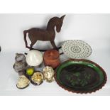 A mixed lot to include ceramics, plaster wall masks, vintage wooden rocking horse model and similar.