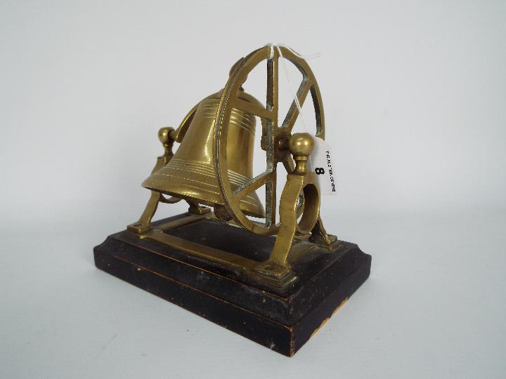 A brass desktop or counter top bell on wooden stand, - Image 2 of 3