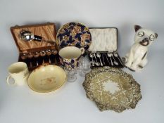 A mixed lot to include plated ware (part cased), ceramics, glassware.