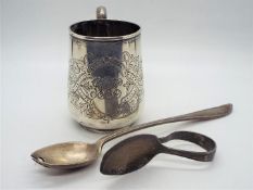 A small group of hallmarked silver items comprising a small Victorian tankard, London assay 1884,