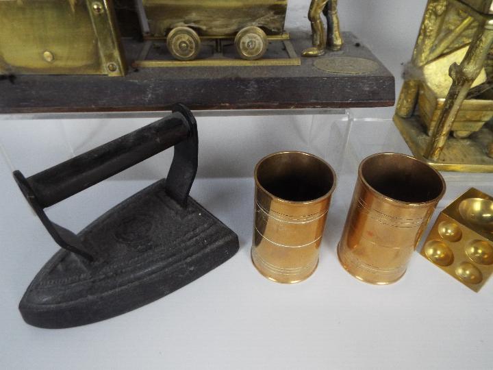 Metalware to include a wood and brass model of a miner with cart at a pit head, - Image 4 of 5