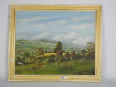 A framed oil on board landscape scene, titled verso The Vale Of Clwyd From Llanbedr Towards Denbigh,