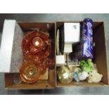 A mixed lot to include carnival glass, plated ware, clocks and similar, two boxes.