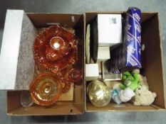 A mixed lot to include carnival glass, plated ware, clocks and similar, two boxes.