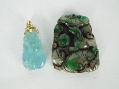 Two carved jade or hardstone pendants, one with yellow metal mount stamped 585 for 14ct,