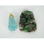 Two carved jade or hardstone pendants, one with yellow metal mount stamped 585 for 14ct,