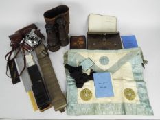 A mixed lot of collectables to include field glasses, Kodak Retinette, Masonic items,