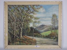 A framed oil on board landscape scene, s