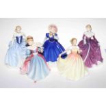 Five Royal Doulton figures; three Figures of the Year, Mary, Deborah and Amy,