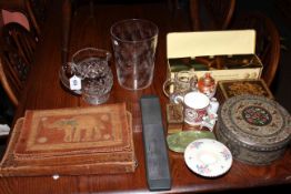 Two crocodile skin bags, two glass jugs and vase, vintage tins, etc.