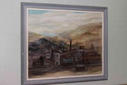 W.C. Addy, Industry in Landscape, acrylic on board, signed and dated 1977, 45cm by 55cm, framed.