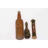 Champagne bottle cigar cutter 5cm, brass cased egg timer and treen bottle with three dice (3).