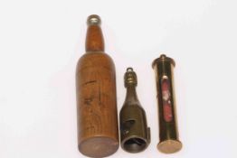 Champagne bottle cigar cutter 5cm, brass cased egg timer and treen bottle with three dice (3).