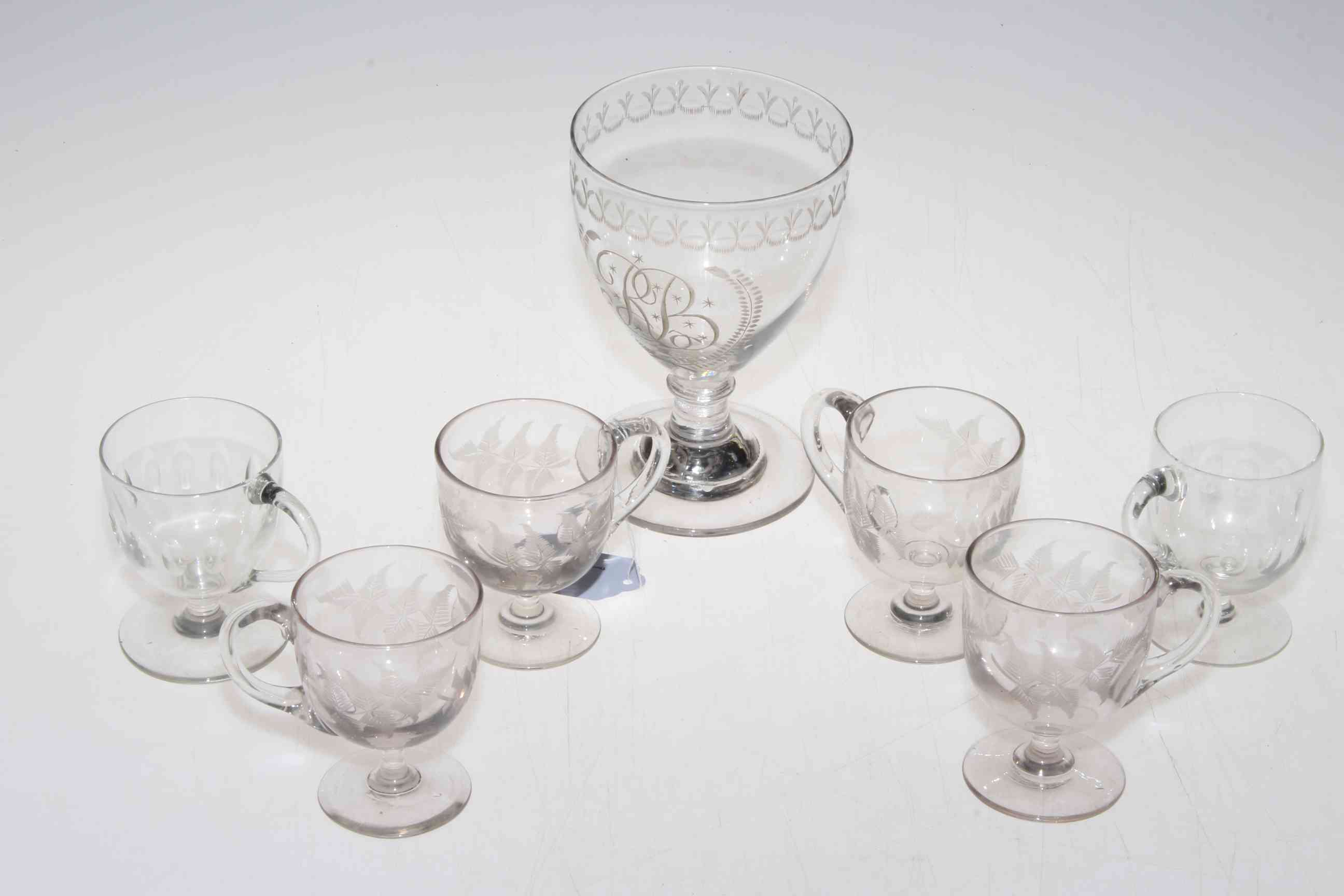 Georgian glass rummer with engraved decoration, together with six custard glasses.