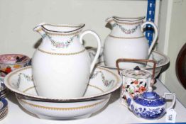 Two Mortlocks toilet jugs and bowls, Fattorini & Sons oak mantel clock, blue and white teaware,