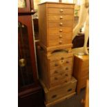 Light oak three height chest, small four drawer pedestal, six drawer specimen chest,
